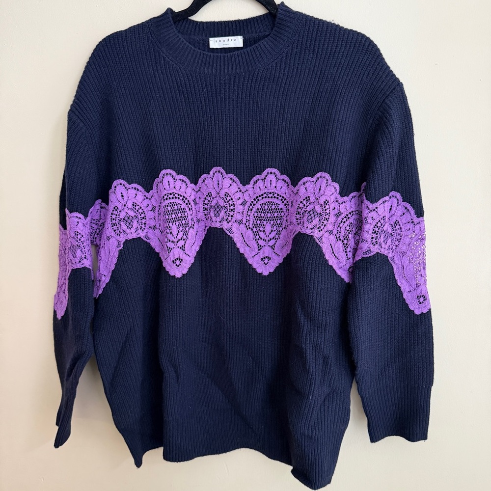 SANDRO Paris Navy & Purple Lace Sweater